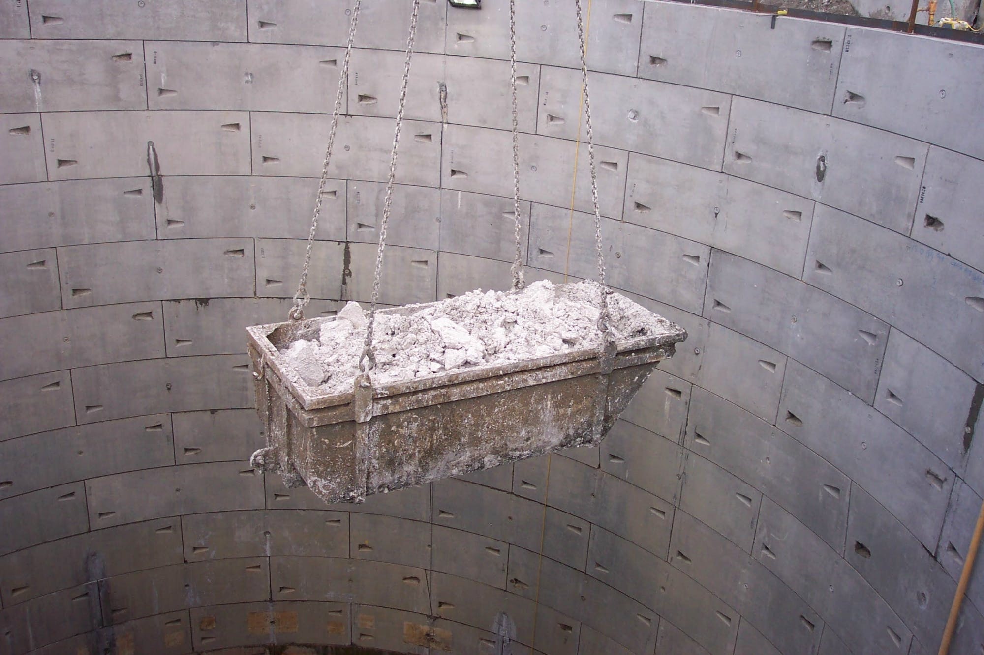 Chalk spoil being hoisted from a shaft (Courtesy of WJ Groundwater Limited)