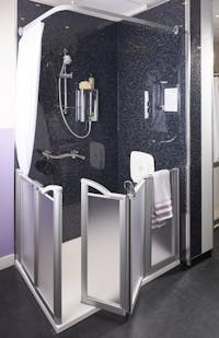 new safe & practical level access shower solution area in our showroom
