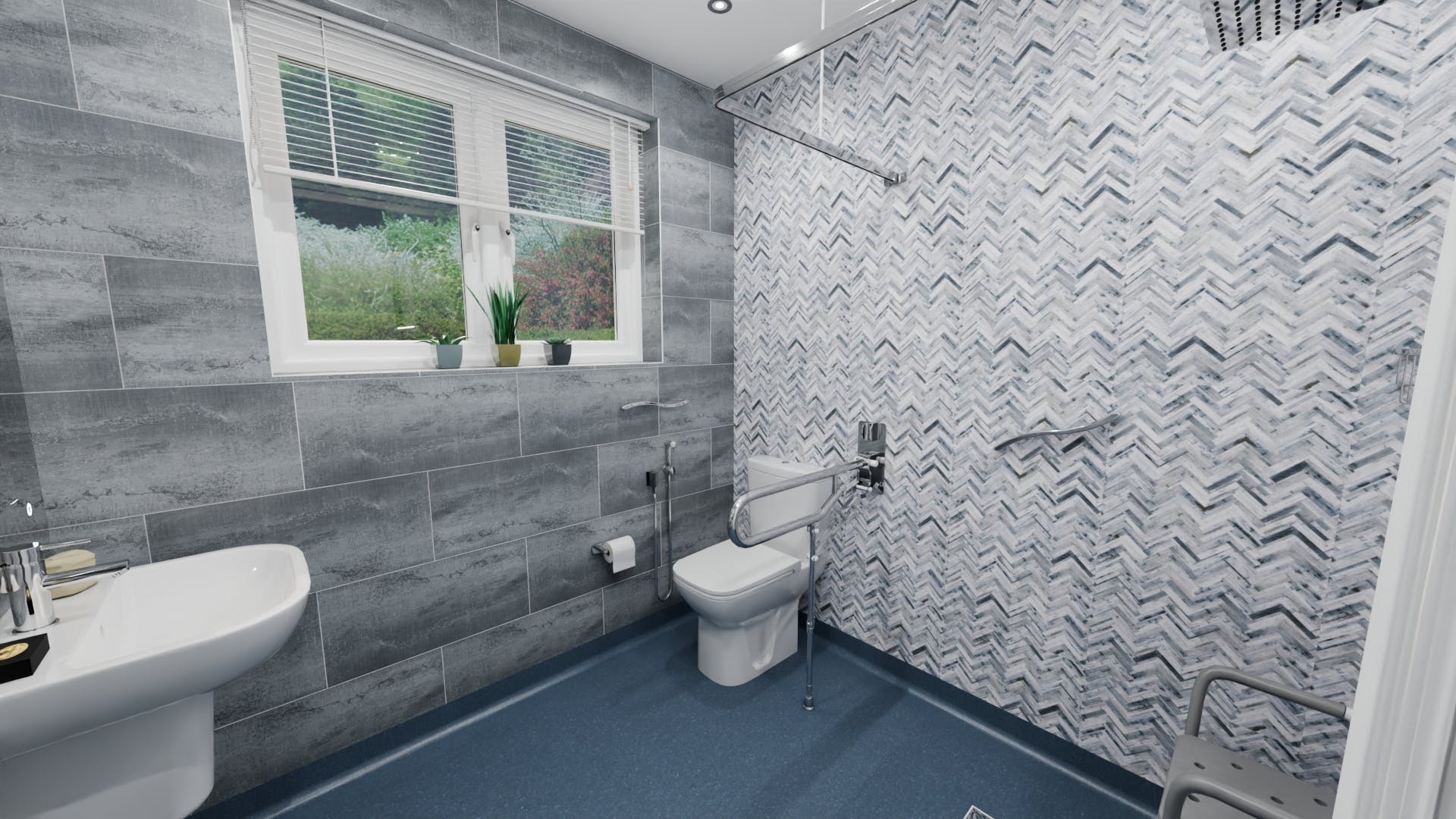Accessible wet room in Shipley featuring raised-height WC with drop-down support rail, wall-hung basin, anti-slip flooring and chevron-effect wall panels.