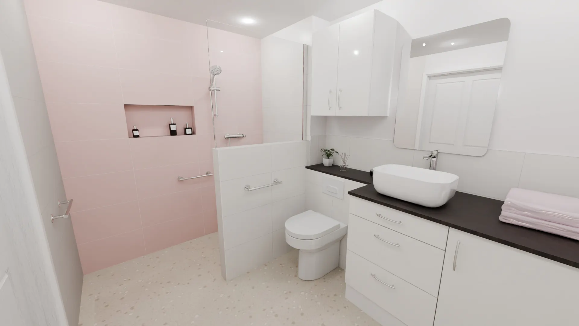 Pink feature wall creating a warm and contemporary accessible showering area