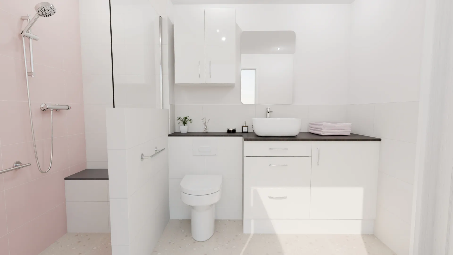 Contemporary mobility wet room designed with accessible showering, storage and support features