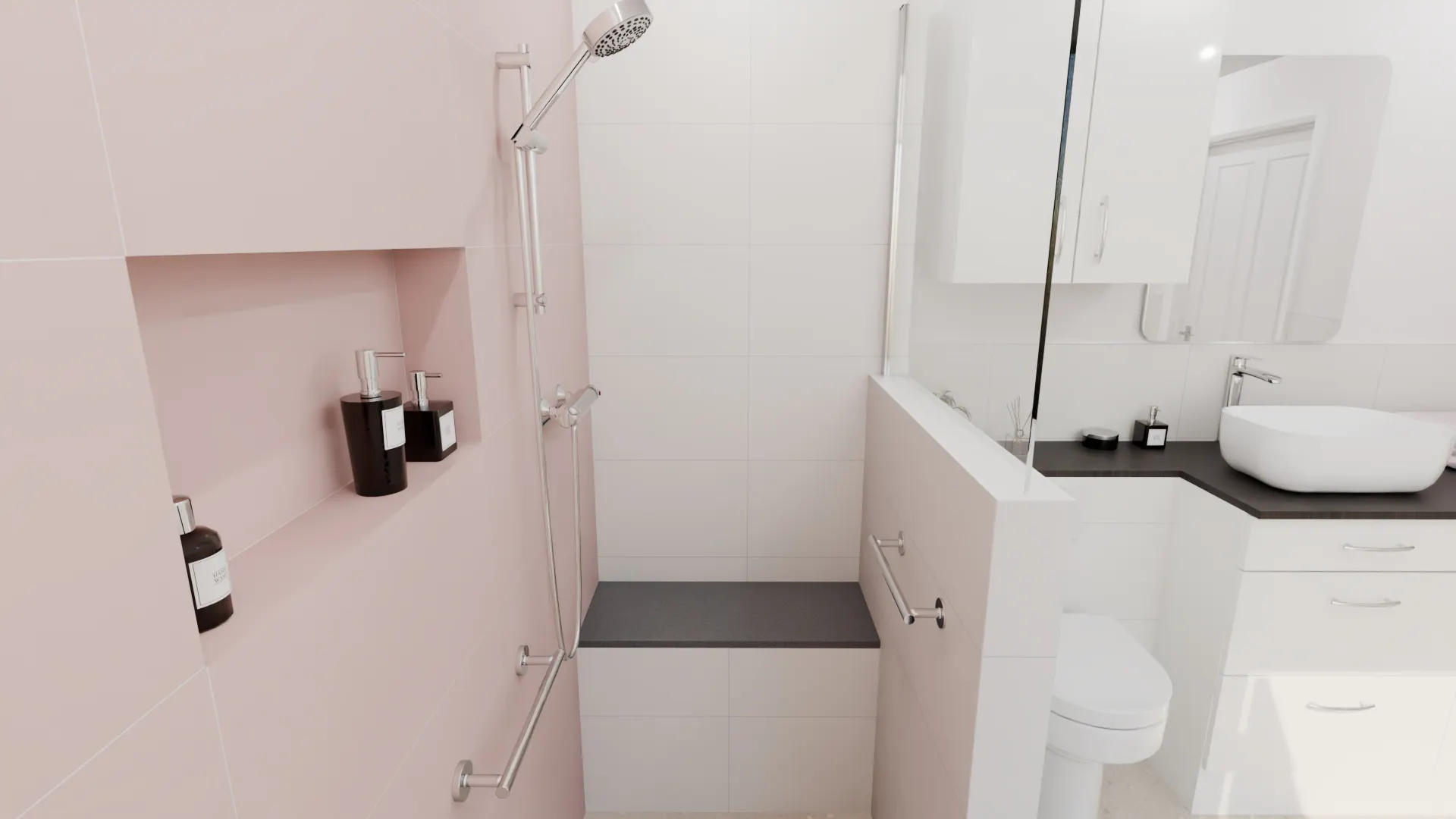 Accessible mobility wet room shower with built-in bench, recessed niche and chrome grab rails