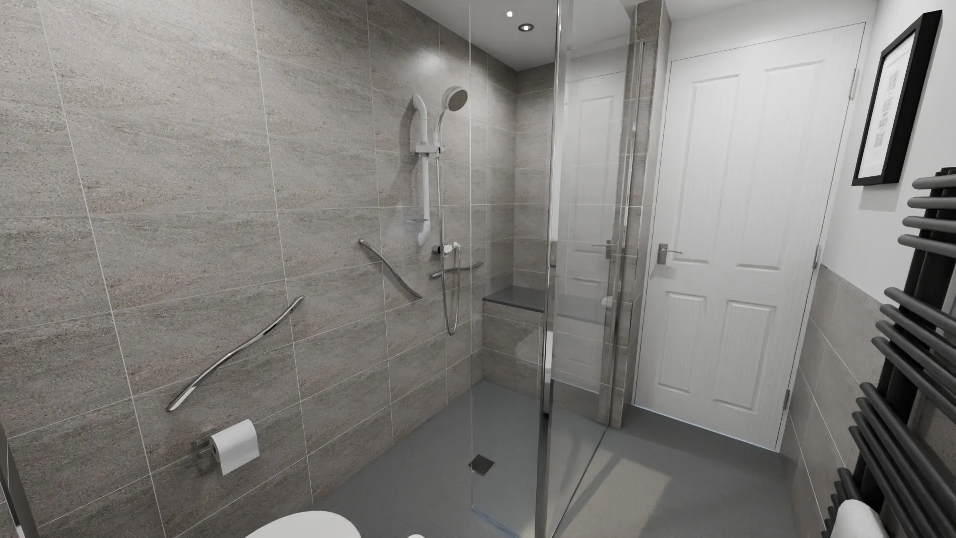 Modern Mobility Wet Room In Leeds With Grey Wall Tiles, Anti-Slip Flooring, Grab Rails And Walk-In Shower