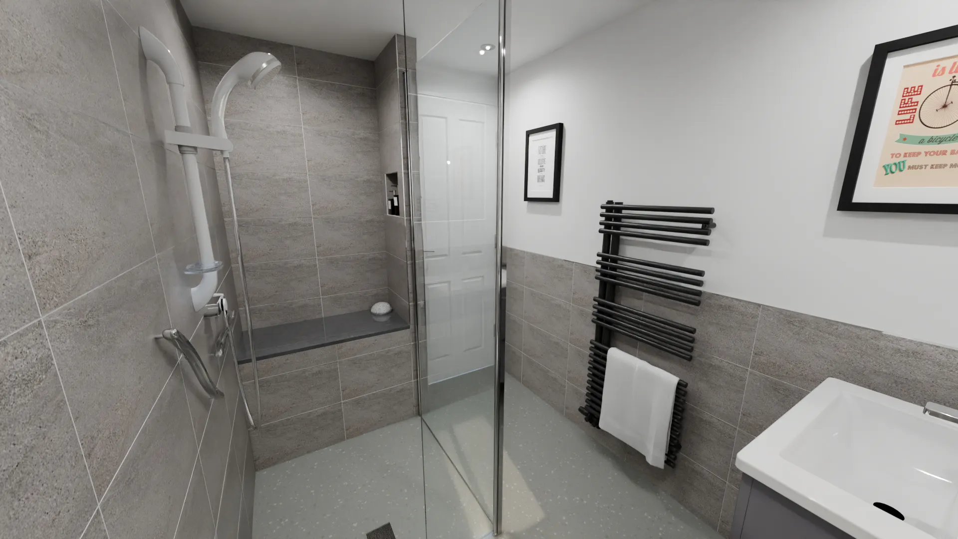 ccessible Wet Room Design With Built-In Shower Bench, Grab Rails And Glass Screen In Leeds Home
