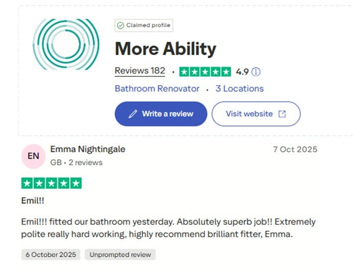5-star Trustpilot review praising More Ability and multi-skilled fitter Emil for an excellent disabled wet room installation.