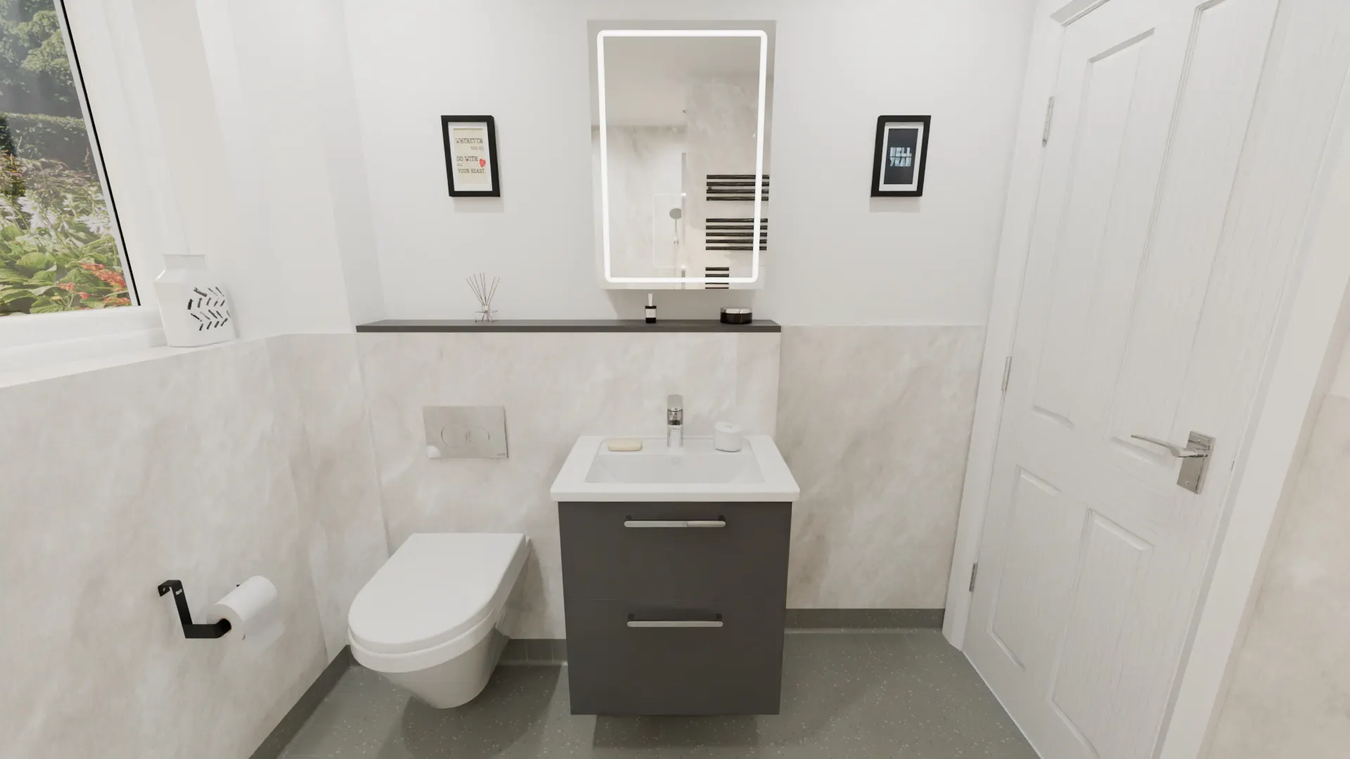 Accessible bathroom design with carbon grey vanity unit, concealed cistern WC and safety flooring