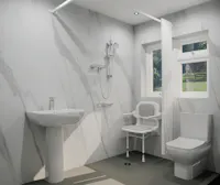 Mobility Wet Room In Morley Leeds Featuring Level-Access Shower, Fold Down Shower Seat, Anti-Slip Flooring And Marble Effect Wall Panels