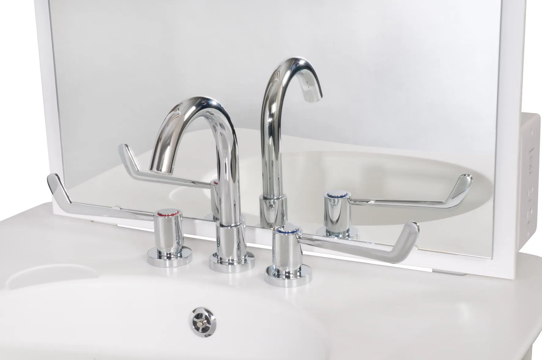 Chrome lever taps with extended handles for easy grip and accessible use