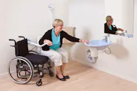 Wheelchair user using a wall-mounted accessible basin with support rails