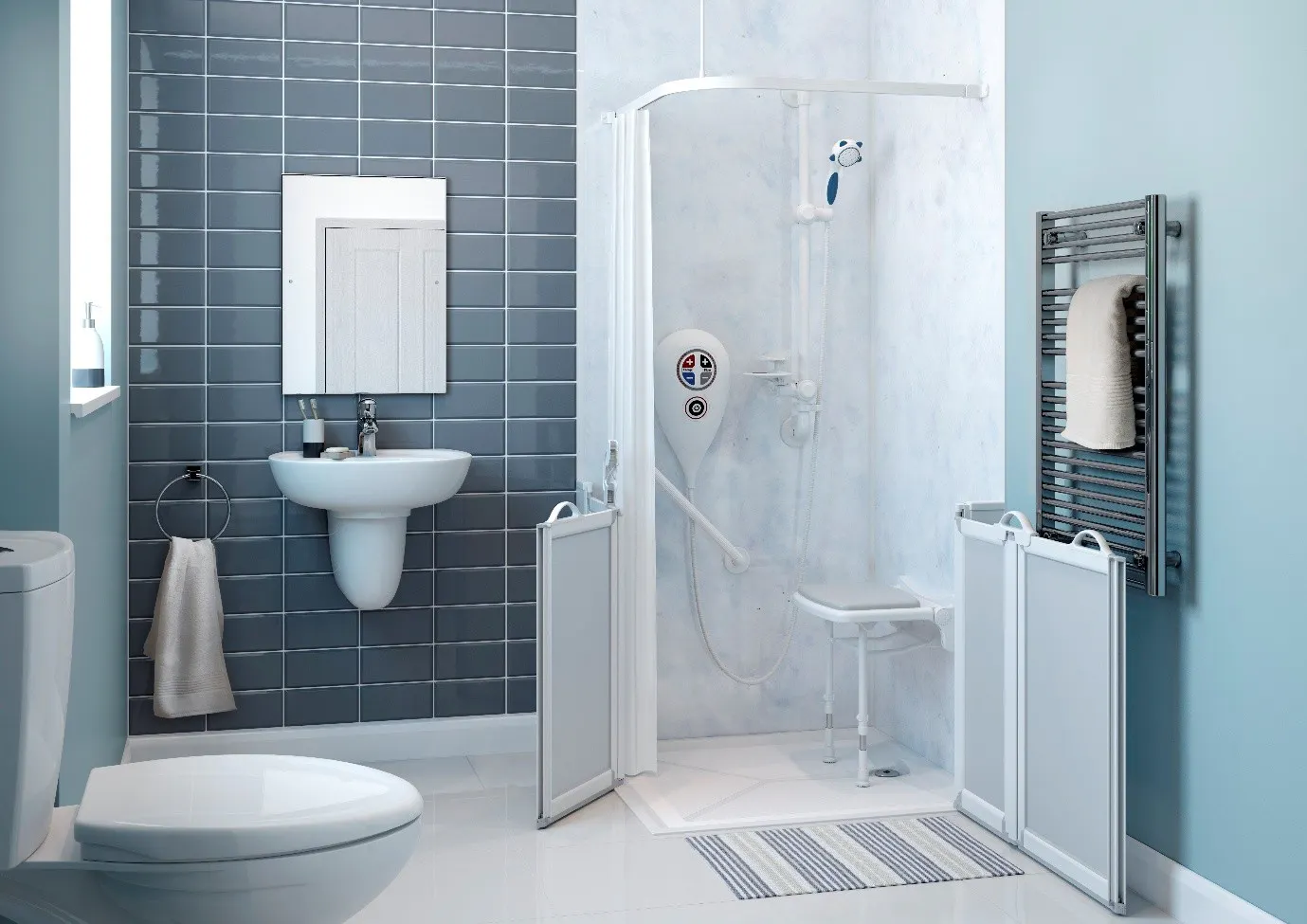 Disabled shower room layout with fold-down seat, grab rails and level access tray in compact bathroom
