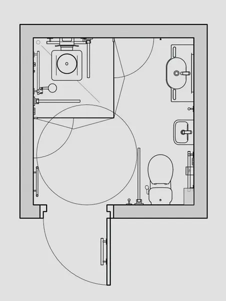 Doc M compliant disabled shower room layout plan with 1500mm turning circle and accessible fixture positioning