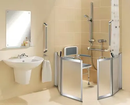 Disabled shower layout with wall-mounted seat, grab rails and level access shower enclosure