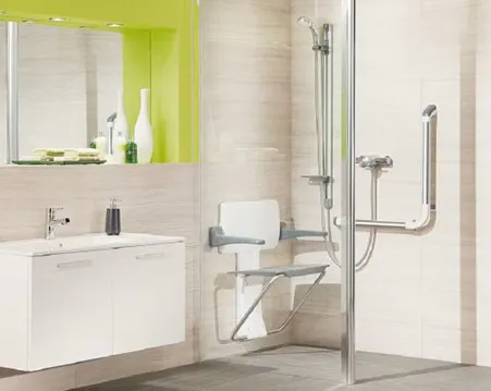 Modern disabled wet room layout with wall-mounted basin, grab rails and level access shower