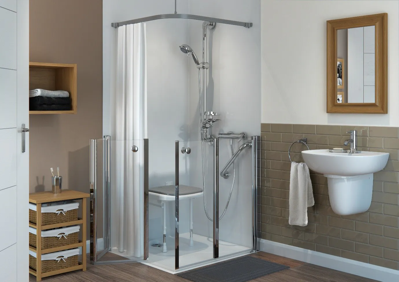 Compact disabled shower room layout with seated shower and supportive grab rails
