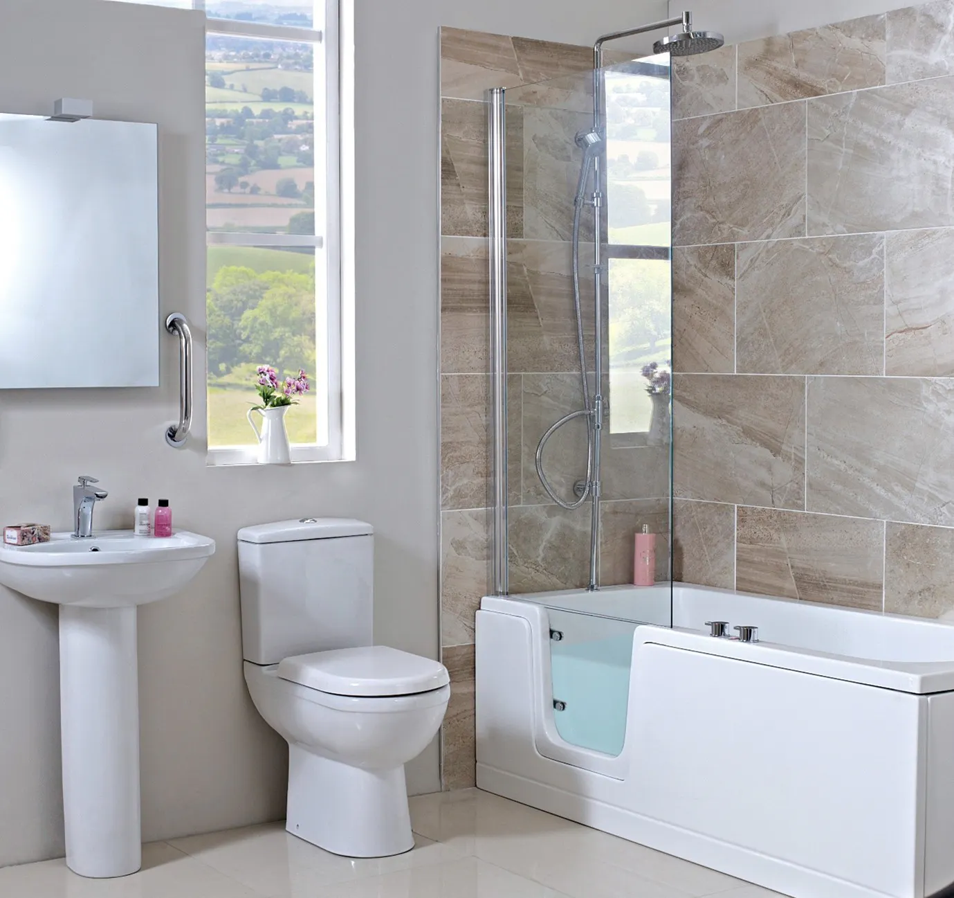 Modern walk-in bath with integrated shower screen and accessibility features