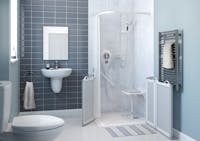 disabled shower room for assisted bathing, suitable for simultaneous end-user and care giver use.