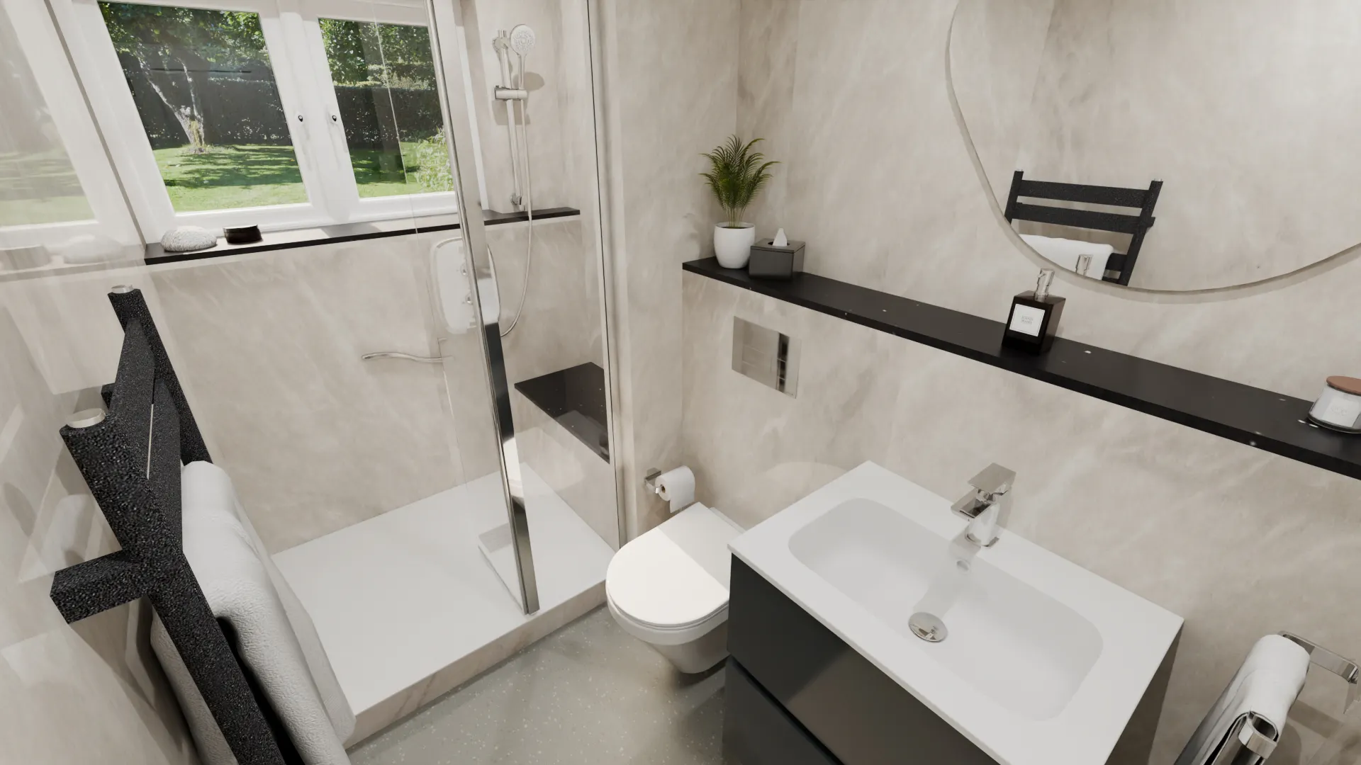 Contemporary easy access shower room featuring neutral stone-effect wall panels, glass shower screen, built-in shower seat, dark grey vanity basin unit, wall-hung WC, black heated towel rail and purpose-built boxed-in shelf concealing pipework.