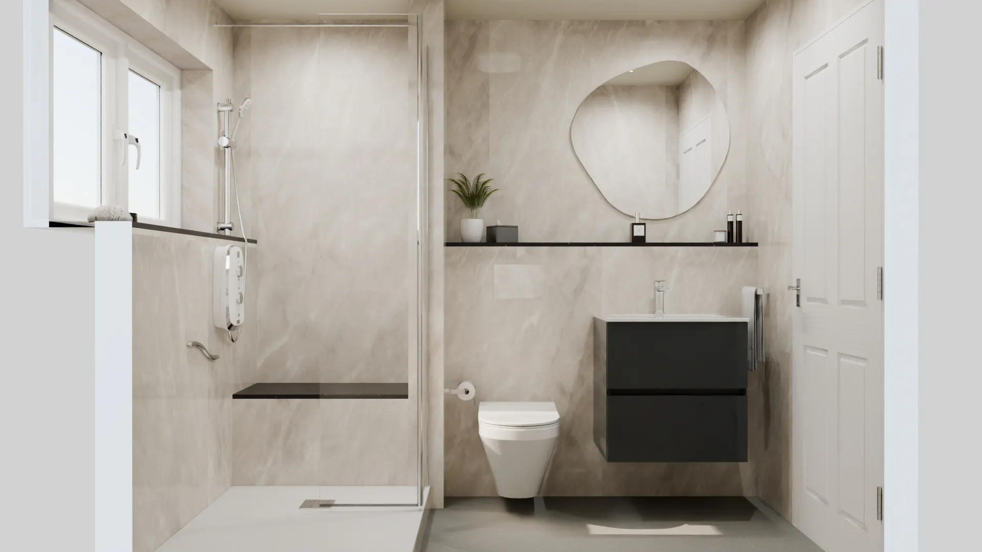 Contemporary easy access shower room featuring neutral stone-effect wall panels, a spacious glass-screened shower with built-in seating, dark grey wall-hung vanity basin unit, wall-hung WC, statement mirror and purpose-built black shelf concealing pipework.