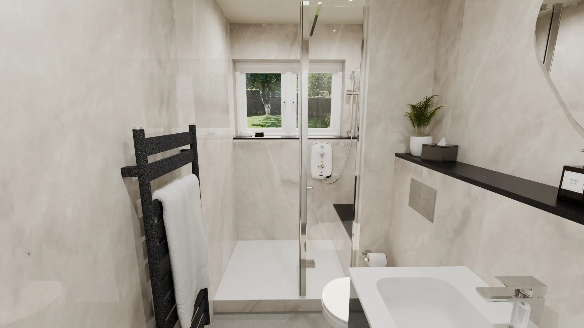 Modern easy access shower room featuring neutral stone-effect wall panels, glass shower screen, built-in shower seating, black heated towel rail, wall-hung WC and white vanity basin, with purpose-built boxing concealing pipework for a clean, contemporary finish.