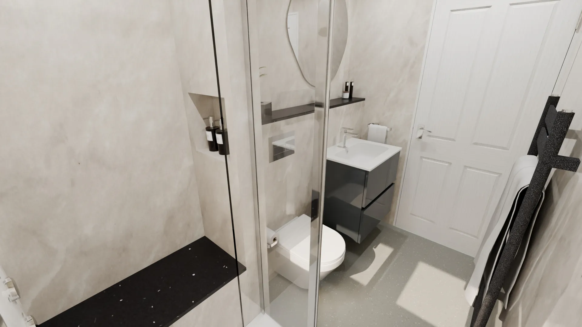Contemporary easy access shower room featuring a built-in black shower seat, recessed shower niche, neutral stone-effect wall panels, dark grey vanity basin unit, wall-hung WC with concealed cistern and black heated towel rail.