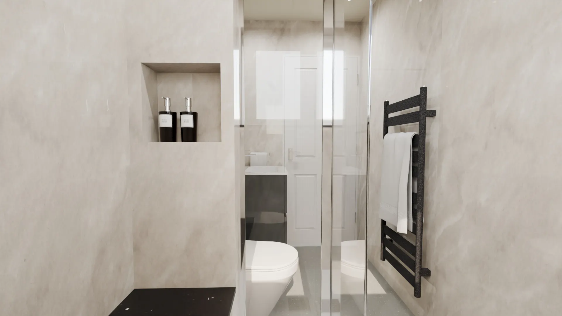 Contemporary easy access shower room featuring neutral stone-effect wall panels, a recessed shower niche with toiletries, clear glass shower screen, black heated towel rail and a modern wall-hung WC, creating a clean, practical and accessible space.