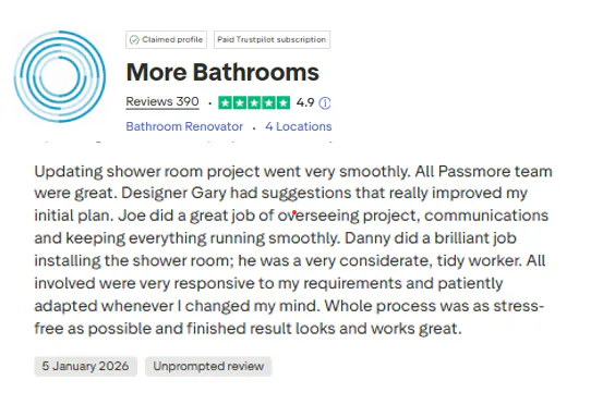 Five star Trustpilot review for More Bathrooms Harrogate shower room renovation project