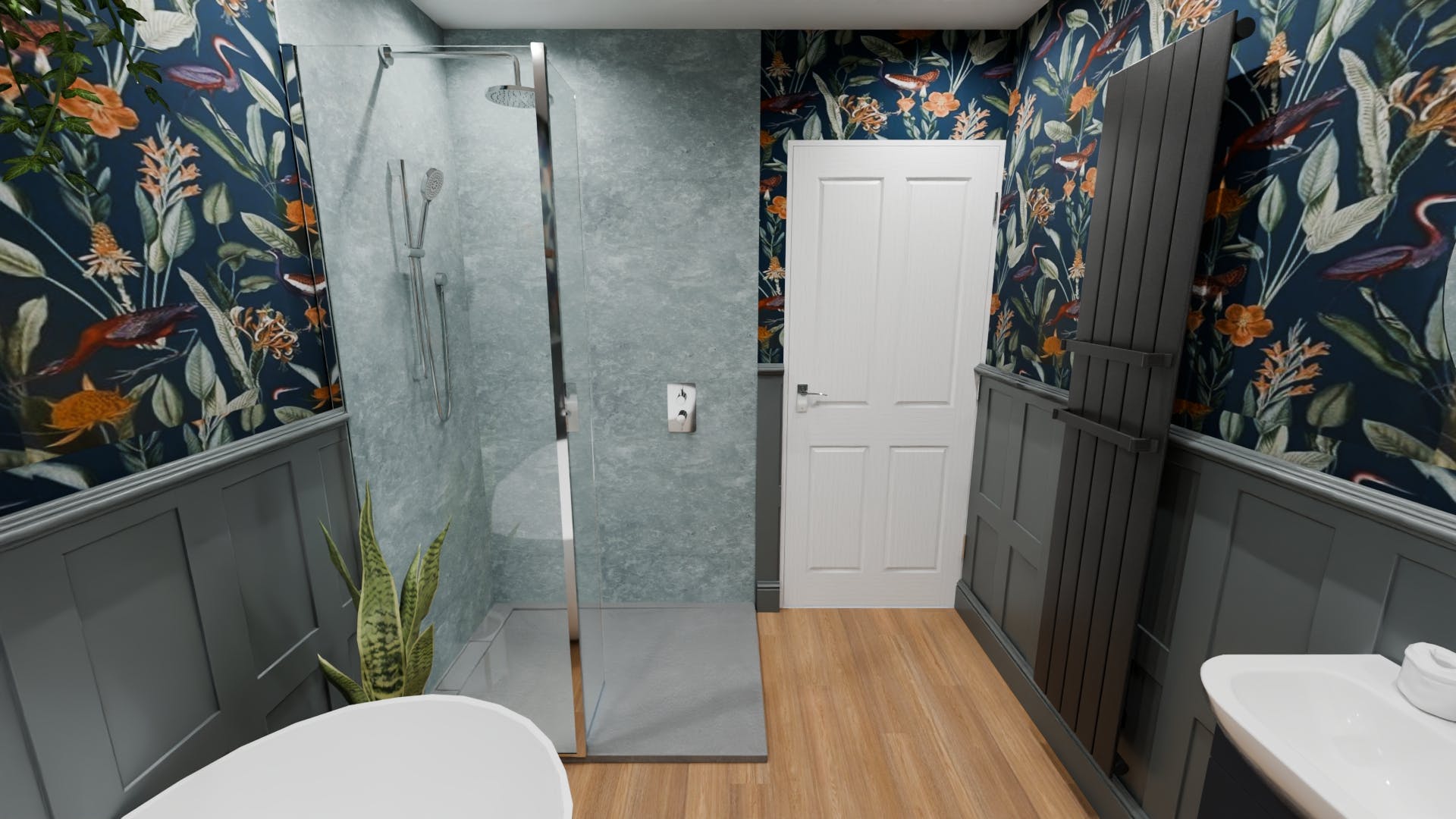 Walk-in shower with stone-effect walls and botanical wallpaper.