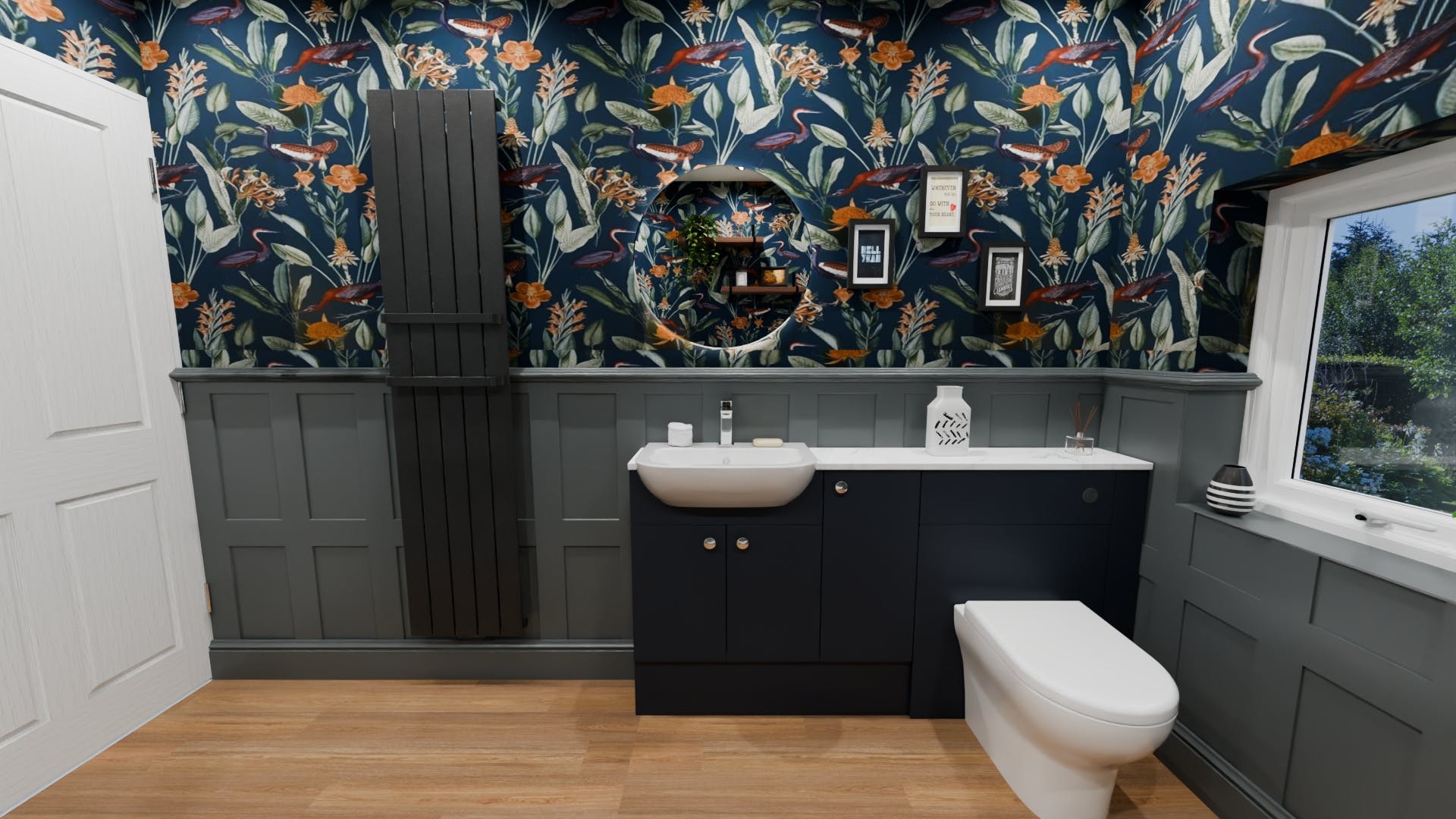 Luxury bathroom with navy vanity, botanical wallpaper and grey panelling.