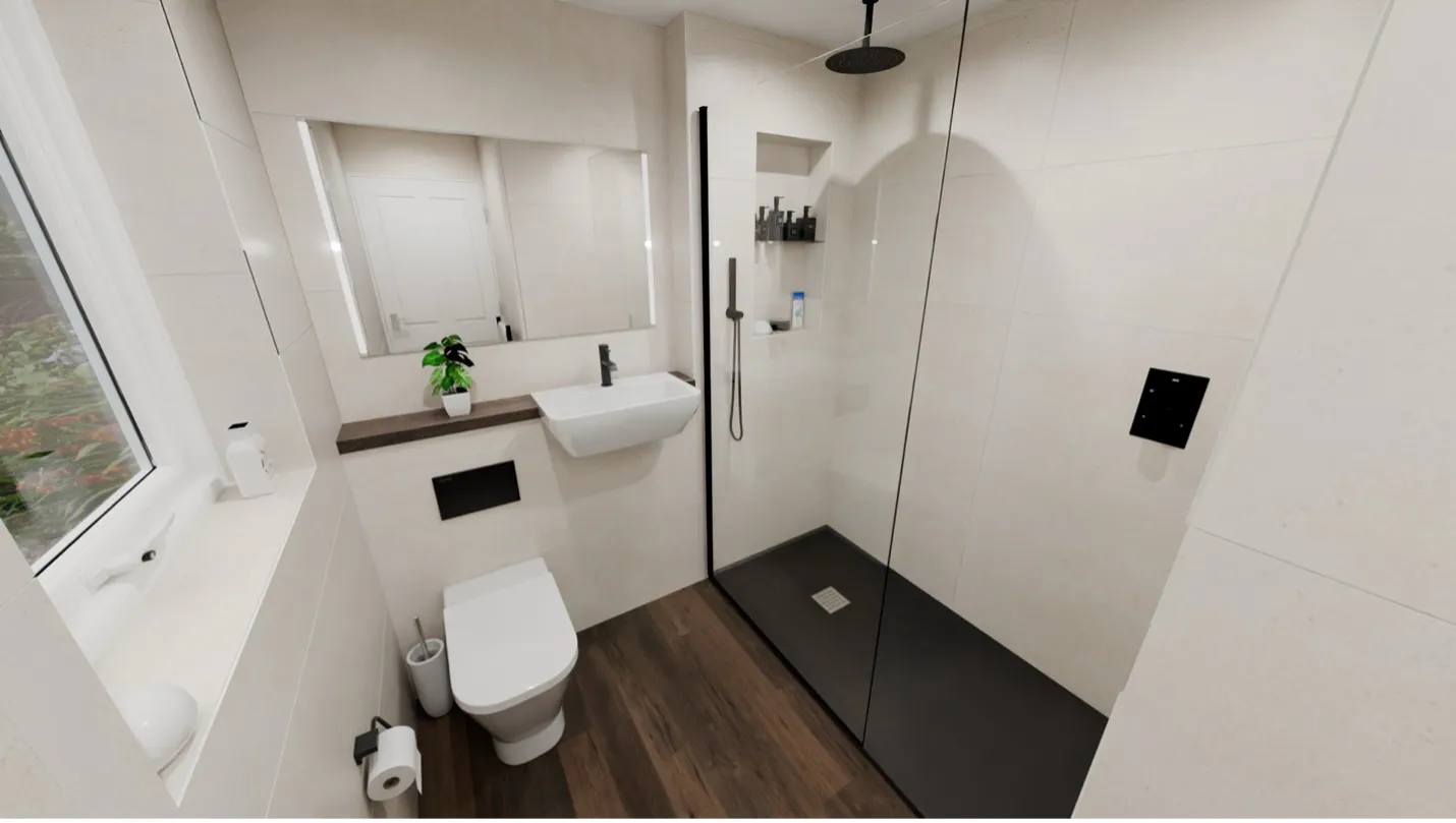 Modern walk-in shower with large-format beige wall tiles and black rainfall shower