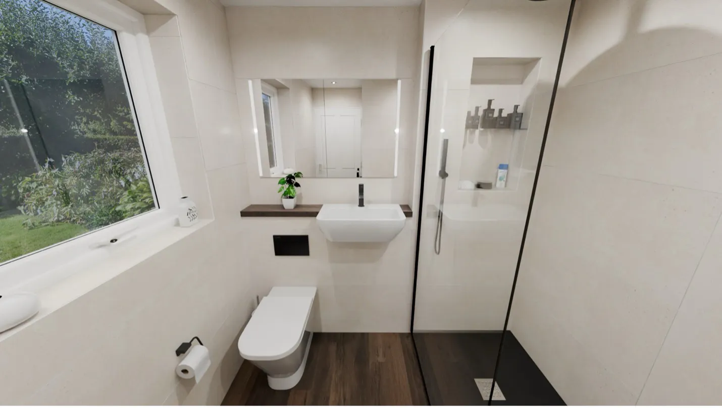 Contemporary Japandi easy-access shower with semi-recessed counter basin, recessed shower niche, concealed cistern toilet and wood-effect flooring