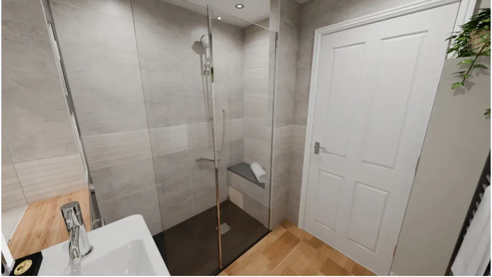 Modern walk-in shower in Bradford bathroom with built-in bench, glass screen, large-format tiles and wood-effect vinyl flooring