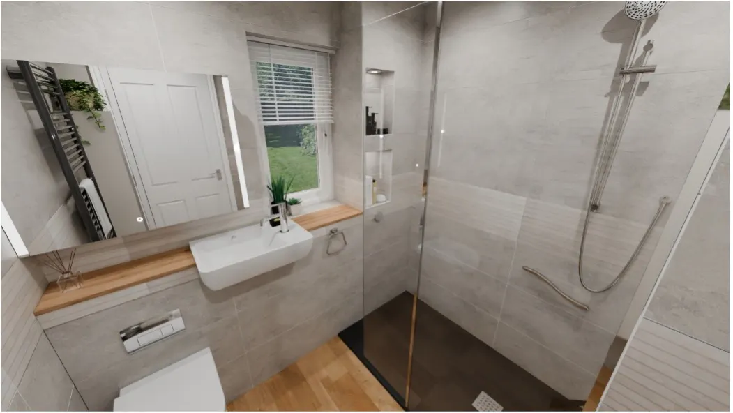 Modern walk-in shower bathroom in Bradford with large-format tiles, recessed shower niche, wood-effect vinyl flooring, wall-hung basin and glass screen