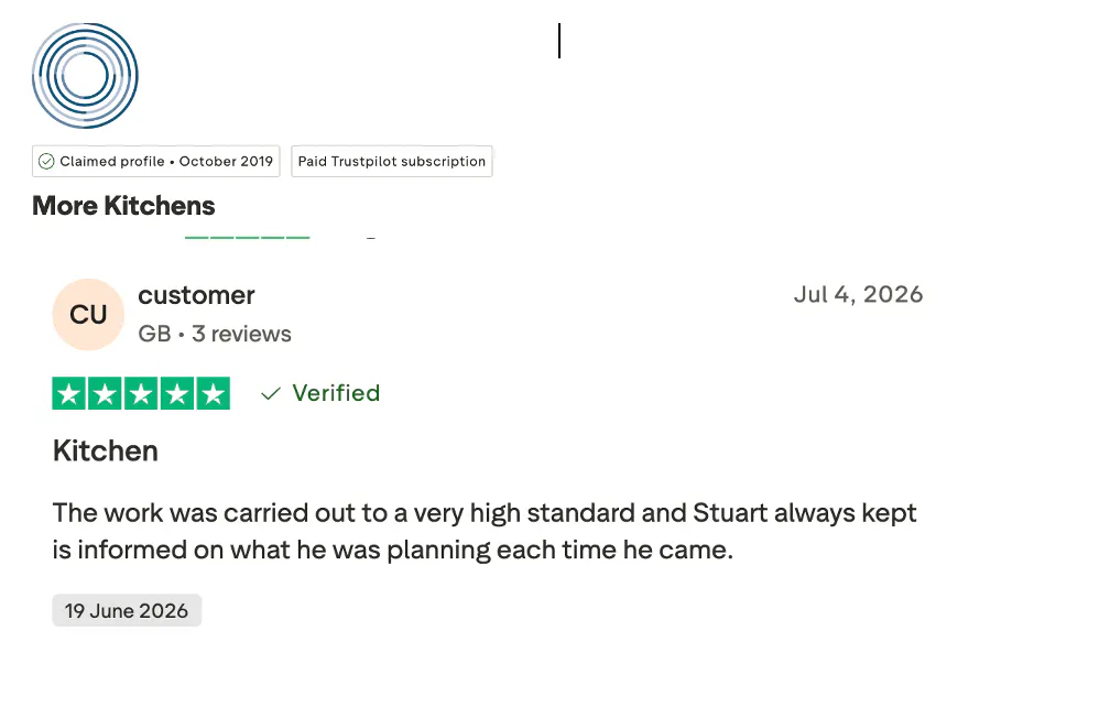 Five-star verified Trustpilot review for More Kitchens, praising the high standard of kitchen installation and Stuart’s clear communication throughout the renovation project.