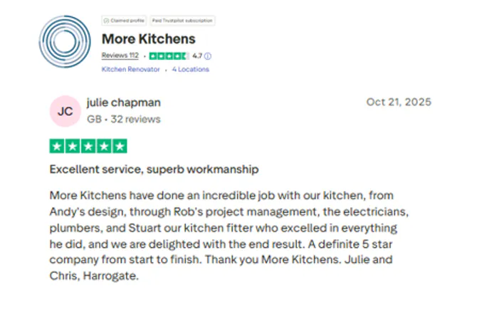 Trustpilot review for More Kitchens by Julie Chapman (GB), rated 5 stars, praising excellent service and superb workmanship, highlighting the team’s design, project management, and installation, dated October 21, 2025