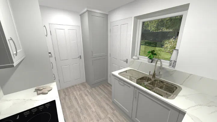 (Modern light grey kitchen with shaker-style cabinets, double sink under a window overlooking a garden, marble-effect worktops, and wood flooring)