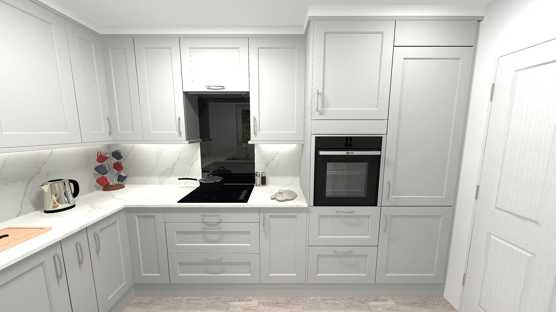 (Modern light grey shaker kitchen with built-in oven, induction hob with extractor hood, marble-effect splashback, and integrated cabinetry)