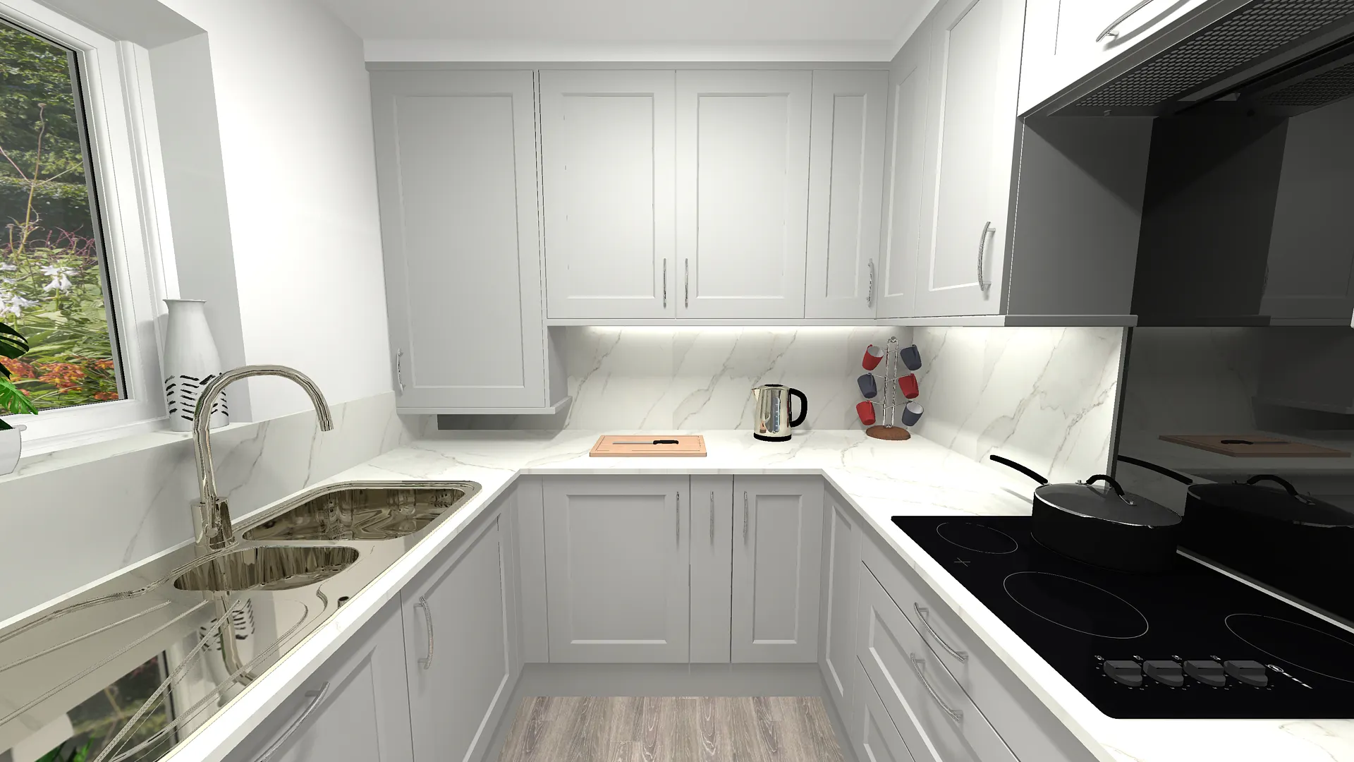 U-shaped light grey shaker kitchen with double sink by a window, induction hob with extractor, marble-effect worktops, and under-cabinet lighting)