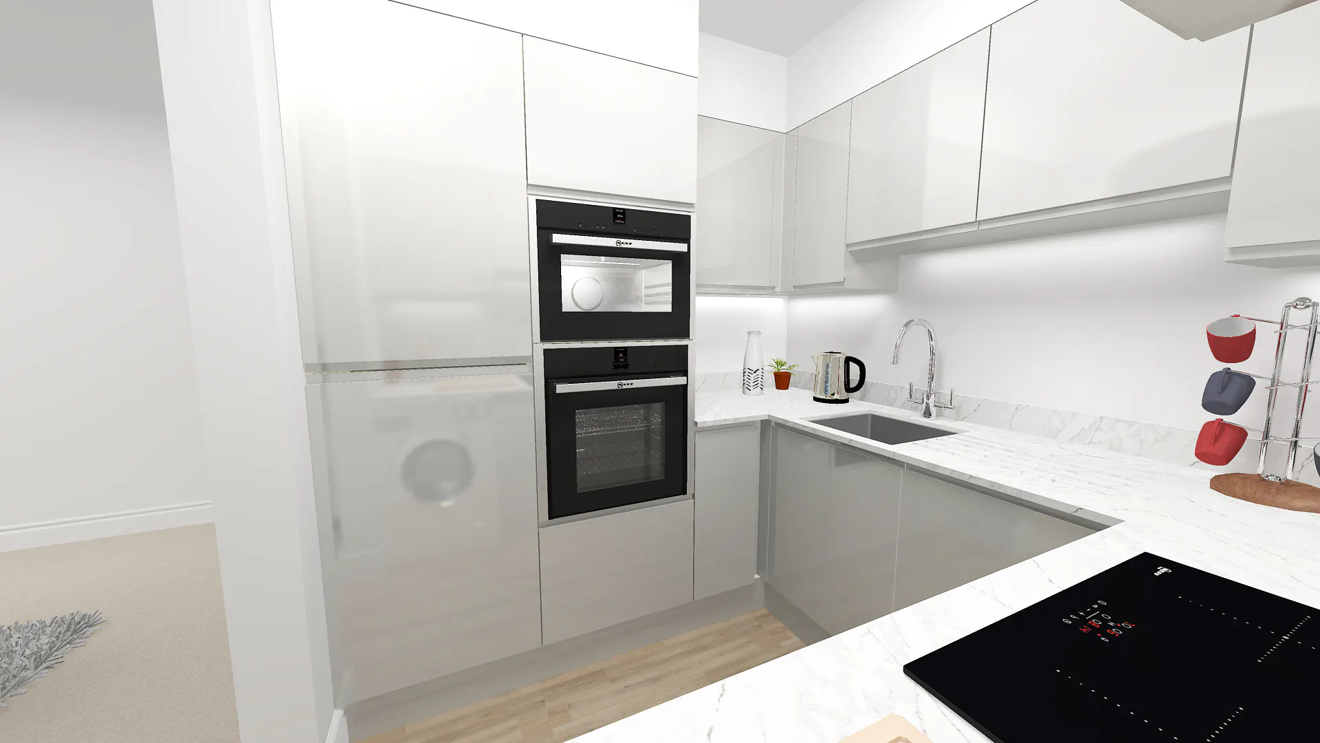 Close-up of a contemporary handleless kitchen in Harrogate featuring grey gloss units, white quartz worktops, eye-level oven and microwave, induction hob, and integrated appliances.