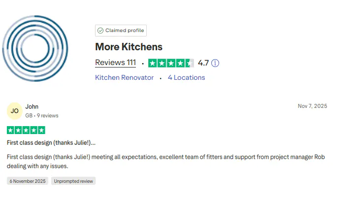 Five-star customer review for More Kitchens kitchen renovation services, highlighting expert kitchen design, skilled fitters, and reliable project management