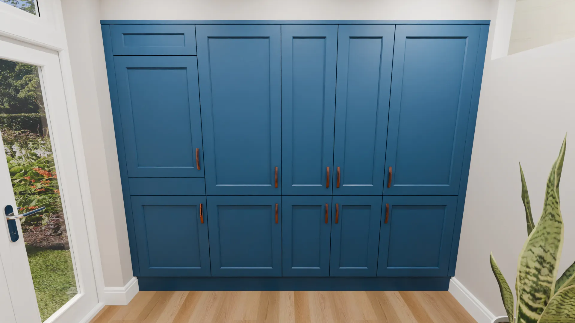 Full-height blue Shaker-style kitchen storage cabinets with copper-toned handles and natural wood-effect flooring in a modern Sheffield kitchen renovation by More Kitchens.