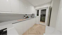 (Modern L-shaped kitchen renovation in Huddersfield with white handleless cabinetry, light worktops and herringbone wood-effect flooring)