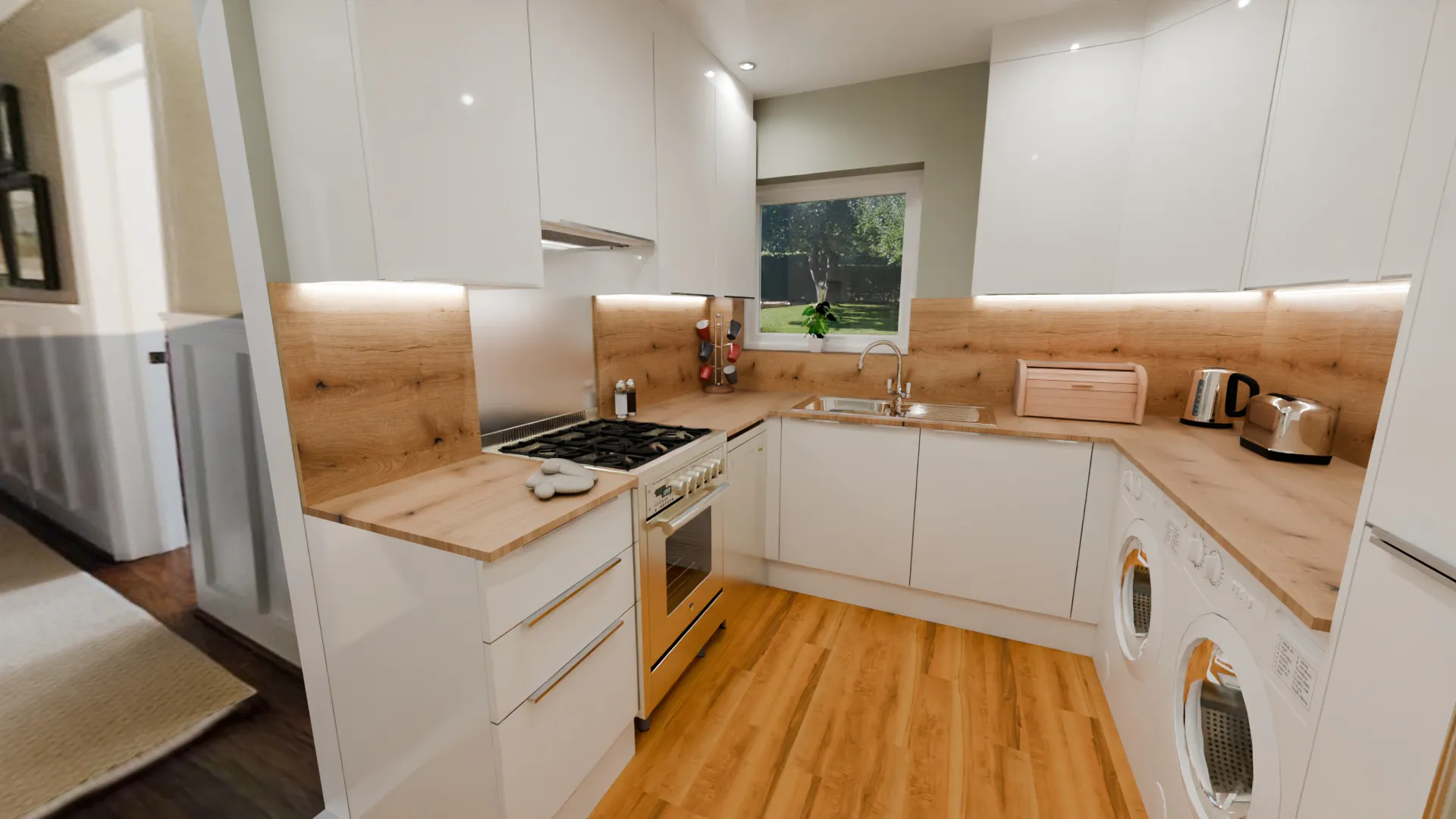 Compact modern white U-shaped kitchen with wood-effect worktops, matching splashbacks, integrated storage and stainless-steel appliances.