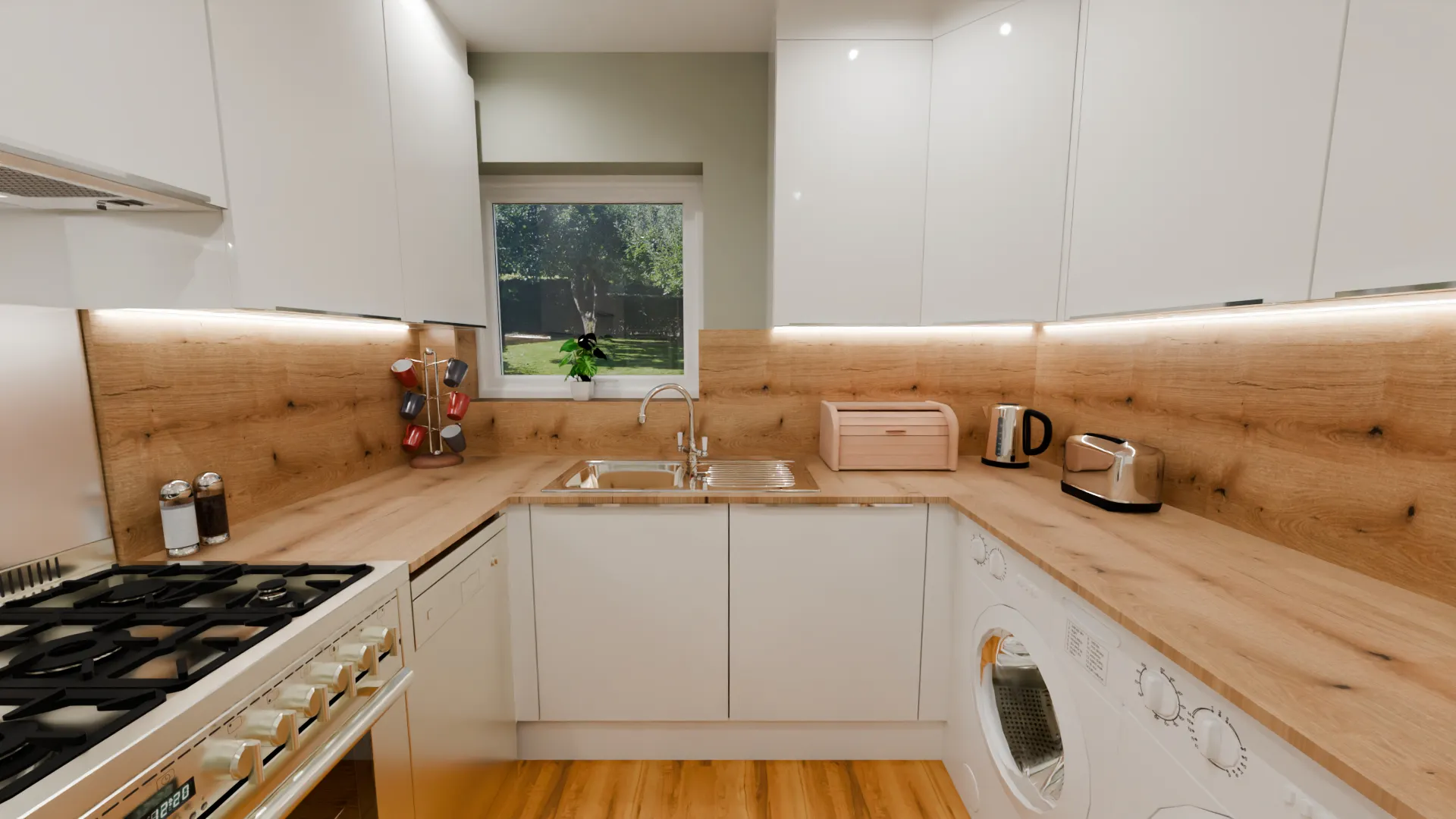 Modern white U-shaped kitchen with wood-effect worktops and splashbacks, integrated storage, gas cooker and stainless-steel sink.