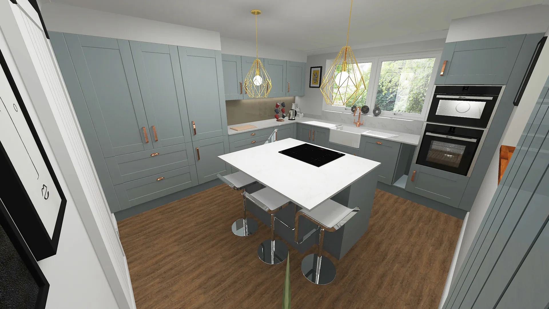 Contemporary fitted kitchen in Ilkley featuring shaker cabinetry, central island and integrated appliances
