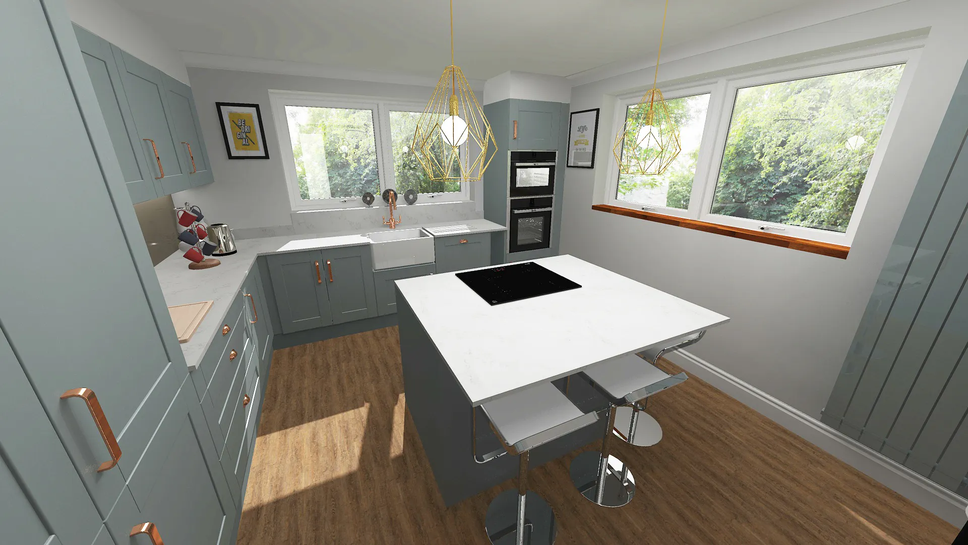 Modern fitted kitchen in Ilkley with sage green shaker cabinetry, white worktops and a central kitchen island