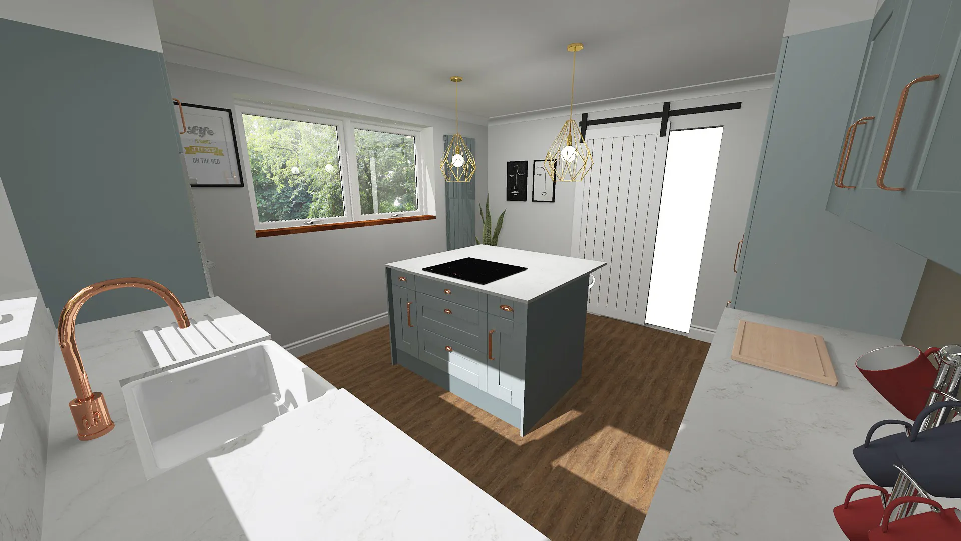 Contemporary kitchen renovation in Ilkley featuring sage green cabinetry, central island, breakfast bar seating and statement pendant lighting