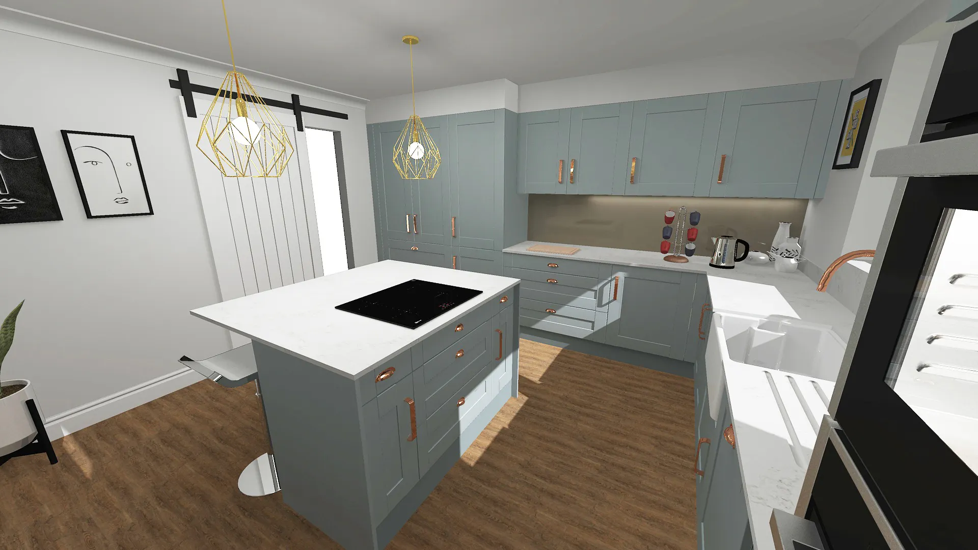 Open-plan kitchen design in Ilkley with island seating, integrated appliances and contemporary sage green cabinetry