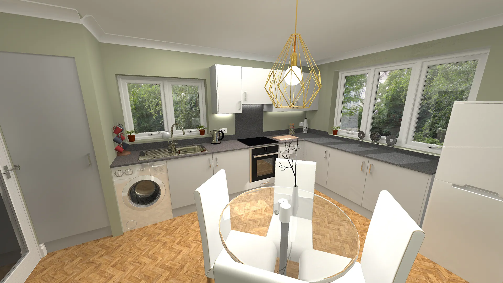 Modern grey kitchen installation in Ilkley featuring L-shaped layout, dining area, herringbone vinyl flooring and streamlined storage