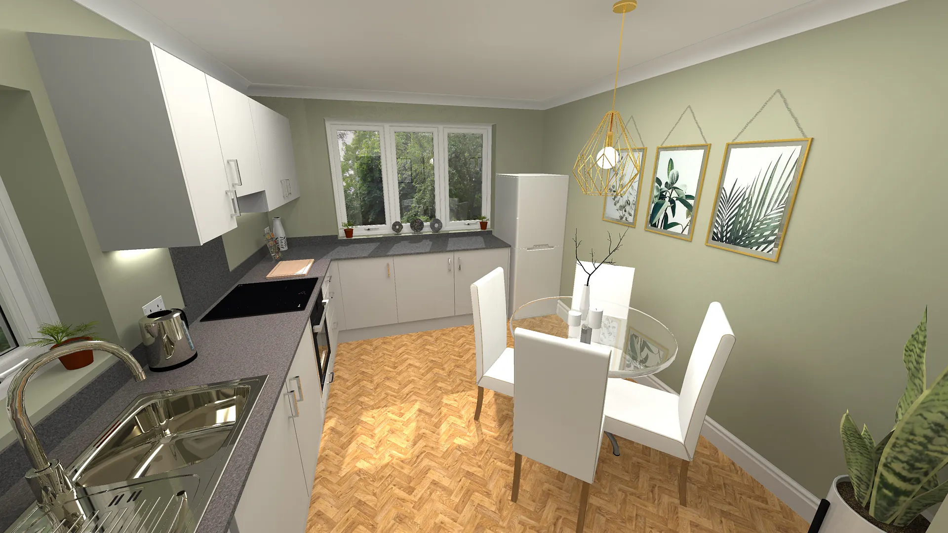 Modern L-shaped kitchen renovation in Ilkley with grey cabinets, anthracite worktops, dining area, and oak-effect herringbone flooring