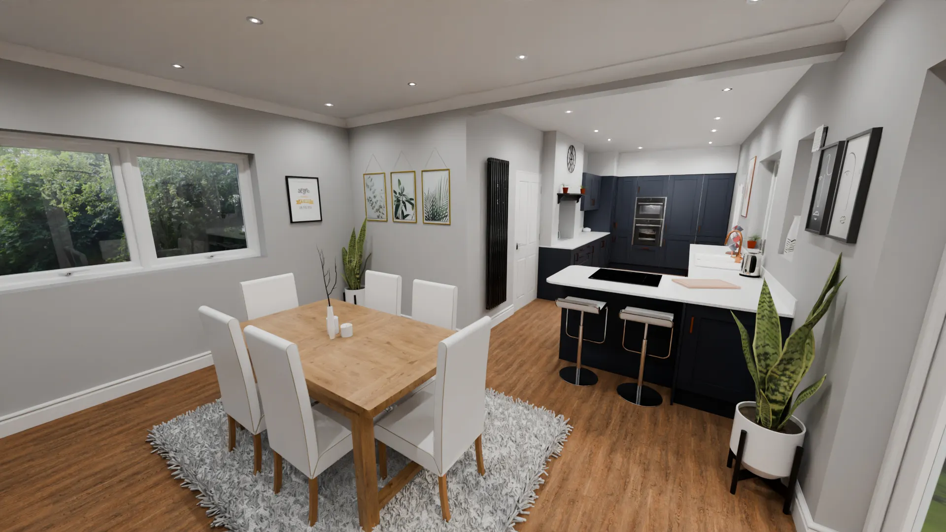 Modern dark blue shaker kitchen in Leeds with sociable peninsula, white quartz worktops and open-plan dining area